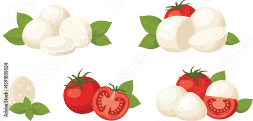 A vibrant illustration showcasing fresh mozzarella balls, tomatoes, and basil leaves arranged artfully