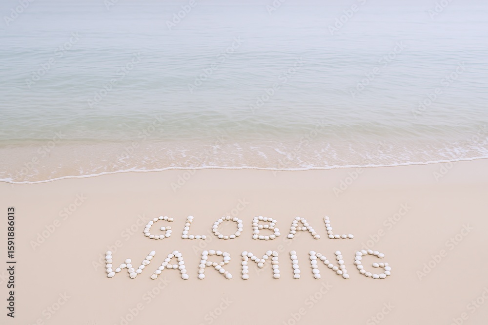 Fototapeta premium Beach scene with the words global warming spelled out in shells on sandy shore.