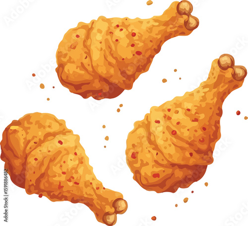 Illustration of three pieces of fried chicken with spices on a plain white background art