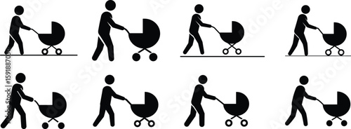 Parent Pushing Baby Stroller Silhouette Set – Walking Man with Pram Vector Icons