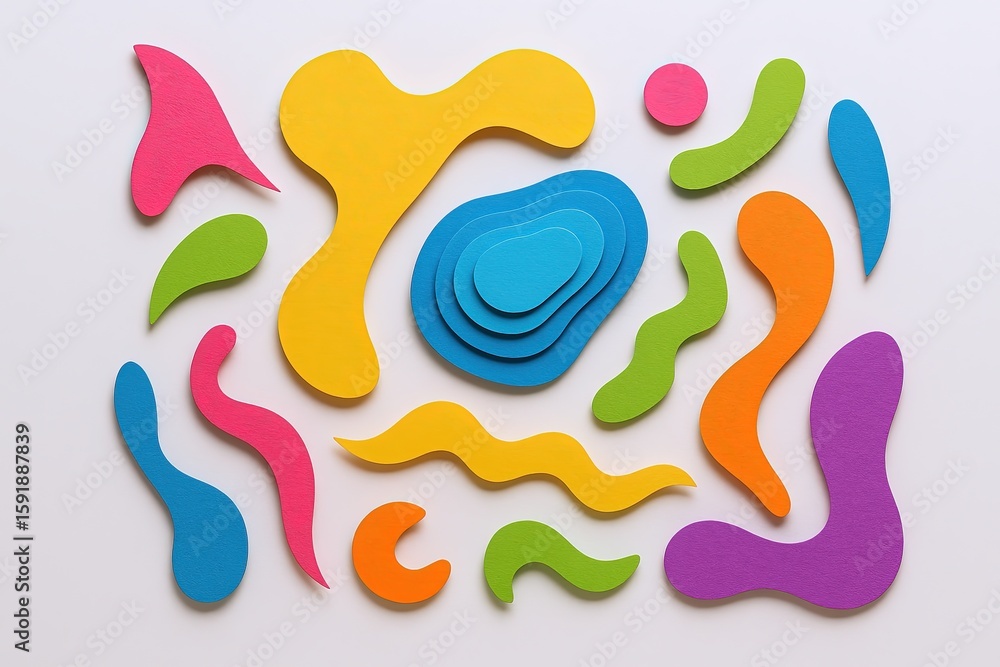 Obraz premium Colorful abstract foam shapes arranged in a playful pattern on a white background.