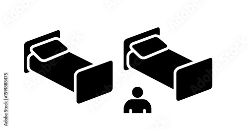 Isometric Icon: Two Hospital Beds and Patient, Simple Black Glyph Style