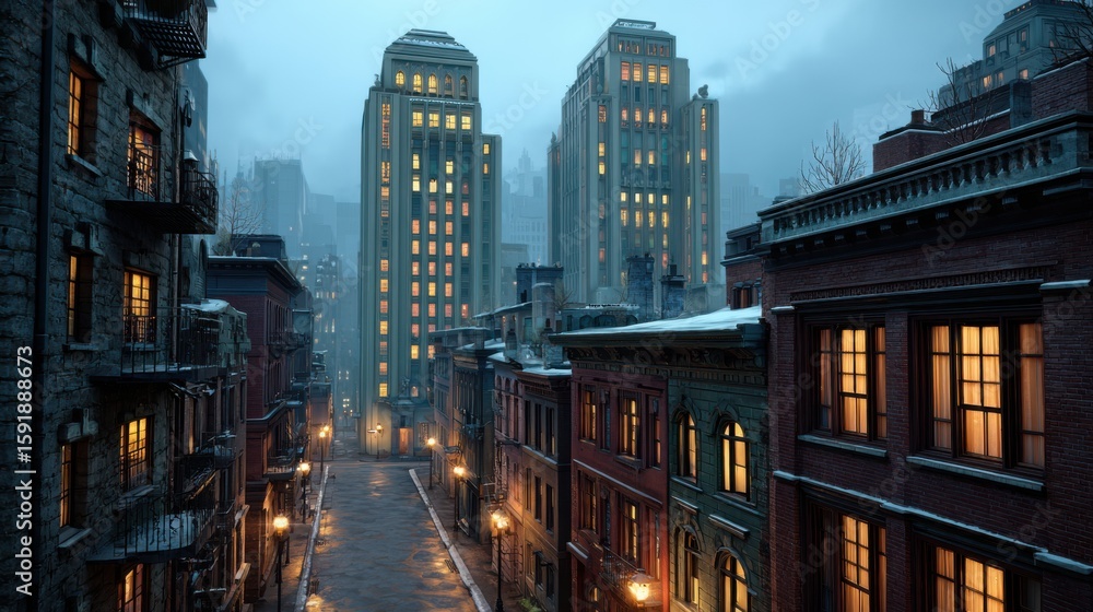 Obraz premium A dimly lit city street at dusk with snow on the rooftops and warm light spilling from apartment windows