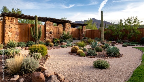 Wallpaper Mural Desert landscape design with cacti, gravel paths, and stone walls Torontodigital.ca