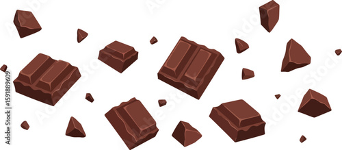 A scattered arrangement of chocolate chunks and fragments against a white background view from above