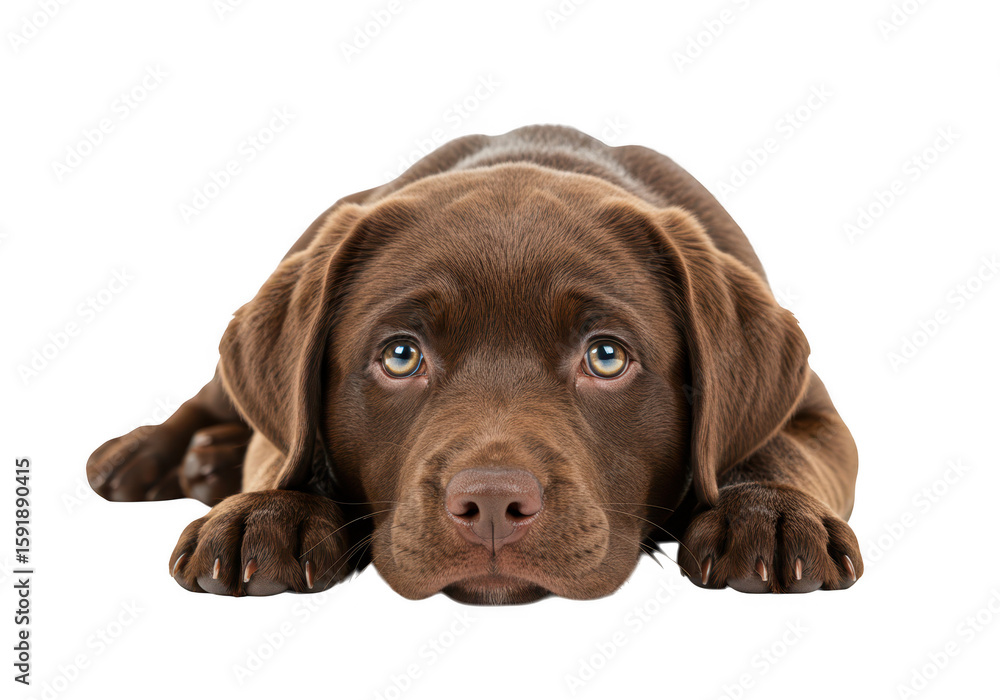 Fototapeta premium A cute chocolate labrador puppy lies on a transparent background with sad eyes