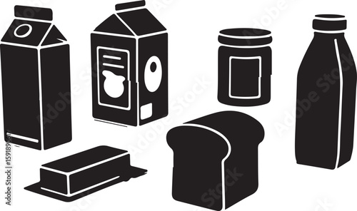 Milk cartons jar bottle butter bread juice carton