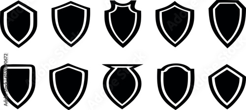 Collection of shield icons, heraldic shapes, security and protection symbols set
