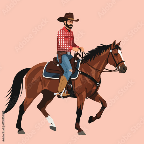 Cowboy Riding Brown Horse Wearing Hat and Plaid Shirt on Plain Background