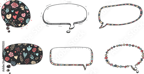 Vector art of collection of hand drawn speech bubbles and frames with patterns isolated on transparent background