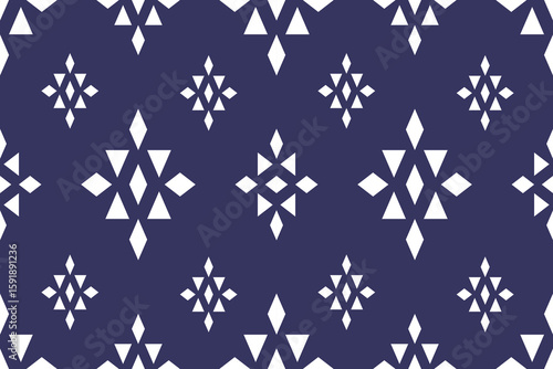 Seamless geometric pattern with white diamond and triangle shapes on a dark blue background