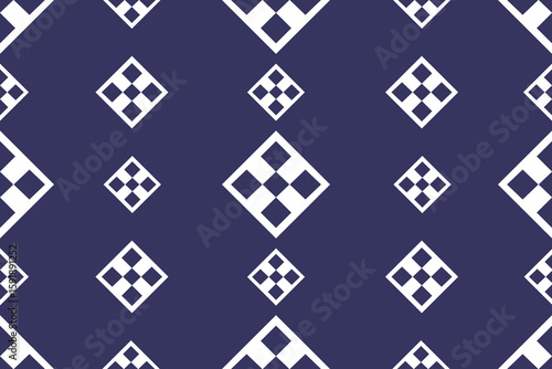 Seamless geometric pattern featuring white diamonds with checkered interiors on a deep blue background
