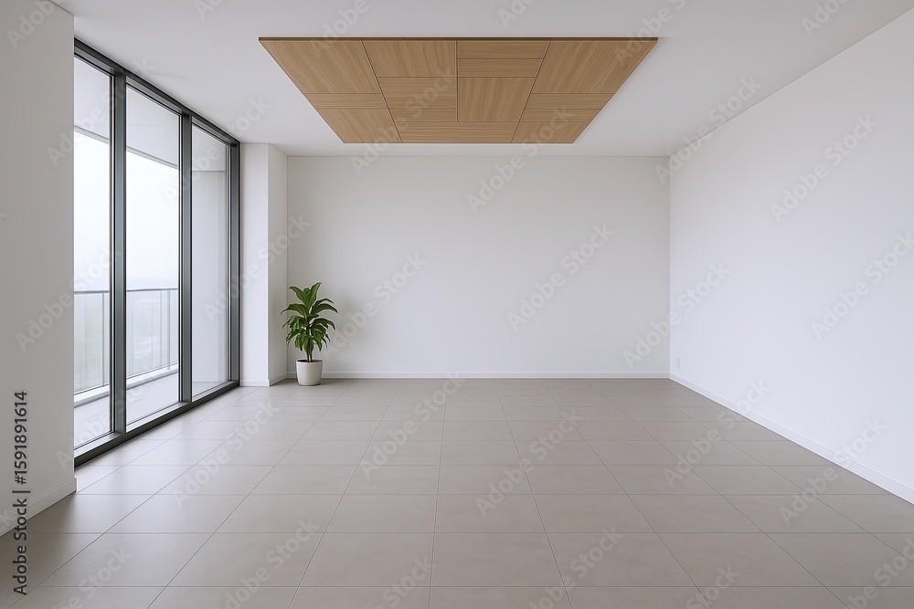 Fototapeta premium Bright modern empty room with large windows, minimalistic design, and wooden ceiling panel.
