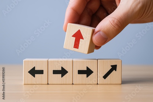 Hand stacking wooden blocks with upward arrow symbol over row of blocks with arrows.