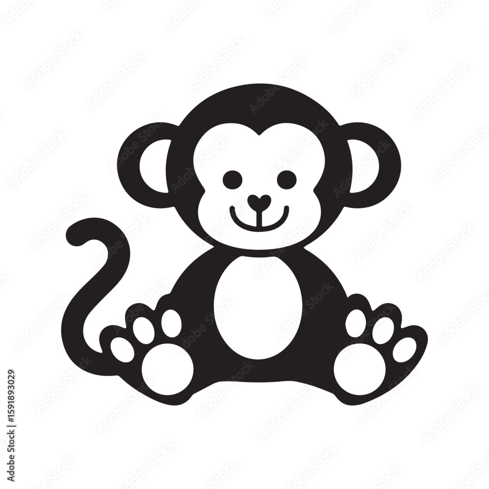 Fototapeta premium Cute cartoon monkey icon, black and white smiling primate silhouette. Vector graphic character, simple logo for zoo or kids.
