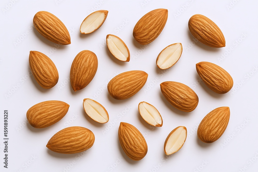 Obraz premium Assorted whole and halved almonds on a white background for healthy snack concept.