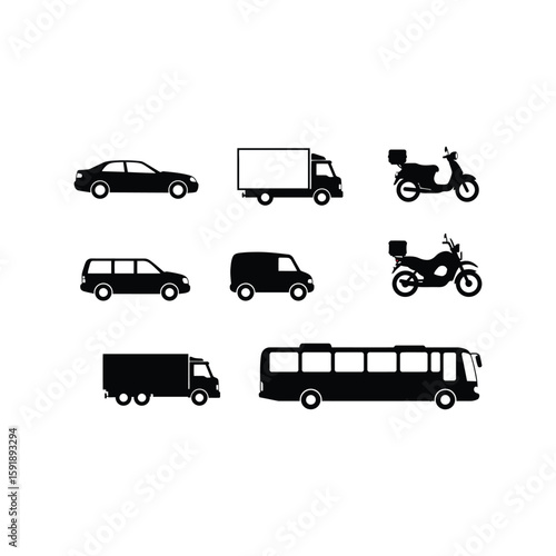 Transportation Vehicle Silhouettes Set, Cars Bus Truck Motorcycle Van Icons
