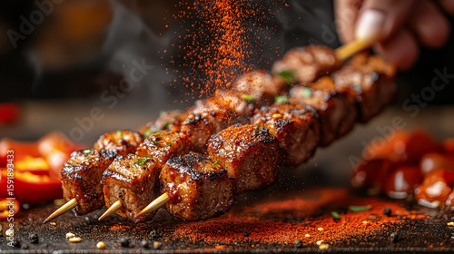 Person is cooking meat skewers on a grill, with a lot of spice on them. The spices are falling off the skewers, creating a colorful and appetizing scene. Scene is lively and inviting