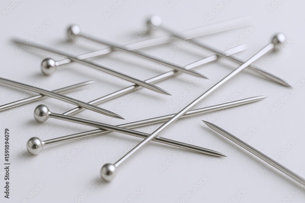 Fototapeta premium Close-up of multiple silver sewing pins with rounded heads scattered on white surface.