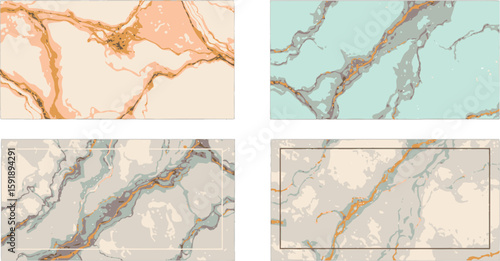 Vector art of pastel marble textures with gold veins and geometric frames create a luxurious and modern abstract background isolated on transparent background