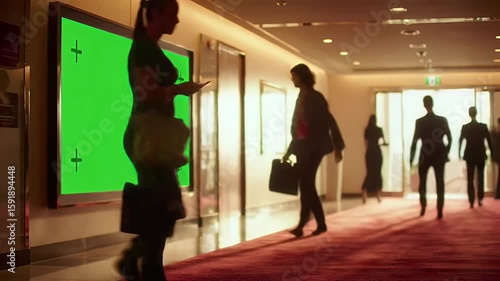 Business Professionals in Modern Hotel or Office Corridor Passing Large Green Screen Digital Signage
