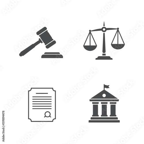 Law Justice Authority Icons Set Vector, Legal System Court Symbols Collection