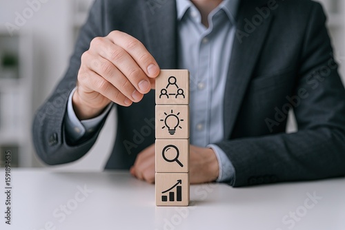 Businessman in formal suit stacking wooden blocks representing teamwork, ideas, and growth.