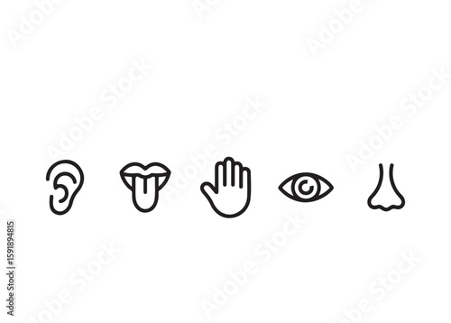 Five human senses editable stroke outline icons set isolated on white background flat vector illustration. 