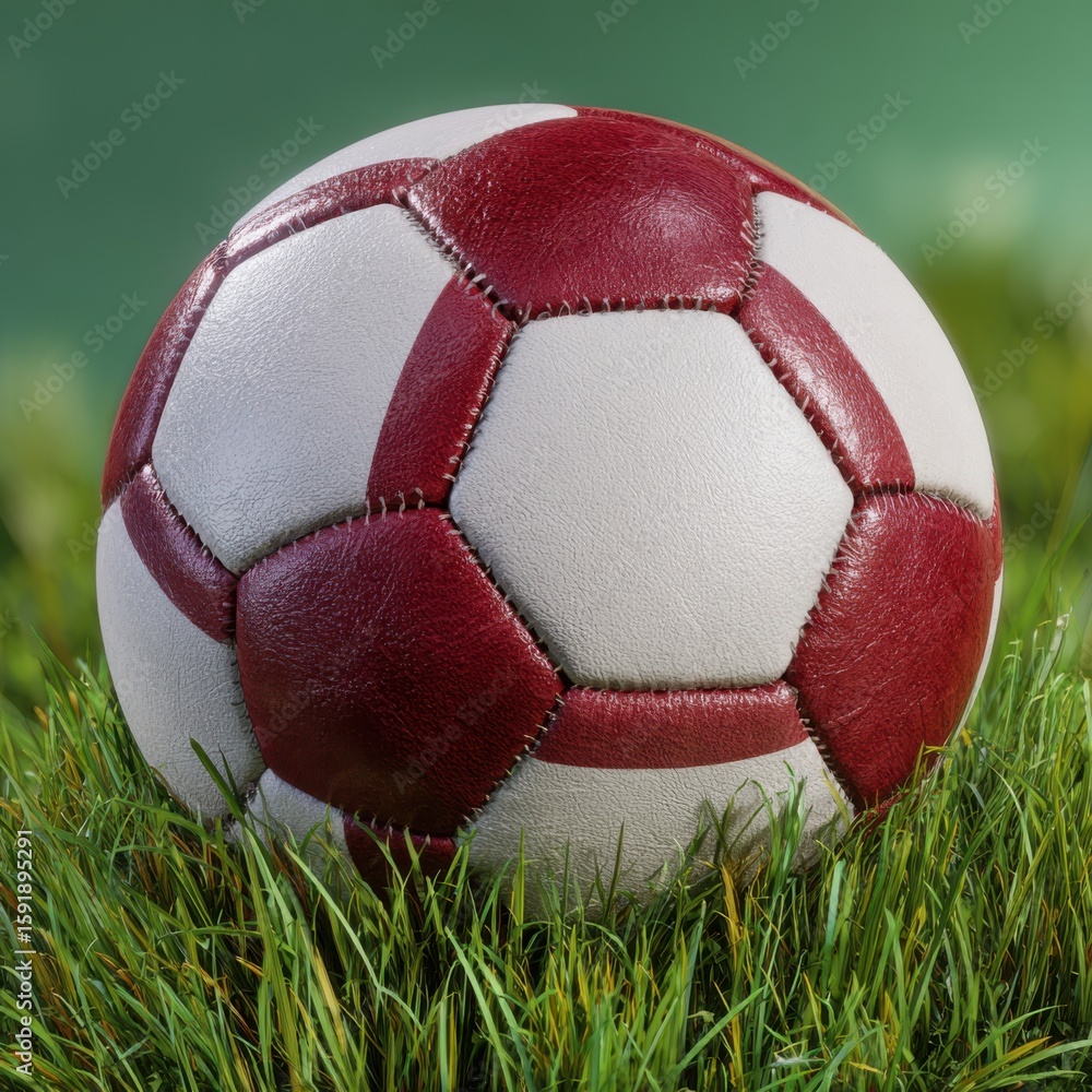 Detailed close up of a classic red and white stitched soccer ball resting on lush green grass with a soft green background Detailed close up of a classic red and white stitched soccer ball resting on lush green grass with a soft green background