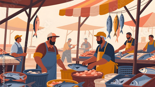 An illustration of the lively atmosphere at a fish market