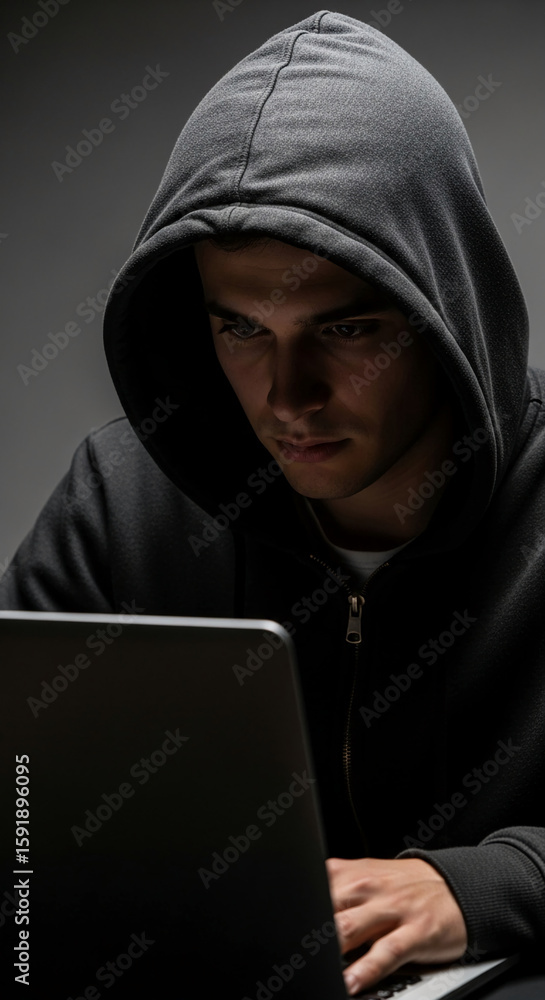 Young man in dark hoodie uses laptop, face partially obscured, suggesting secrecy or anonymity, representing hacking, cybercrime, or digital privacy Young man in dark hoodie uses laptop, face partially obscured, suggesting secrecy or anonymity, representing hacking, cybercrime, or digital privacy