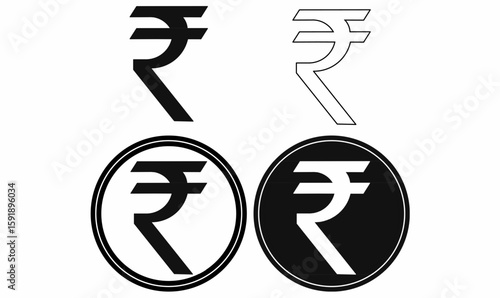 Vector set of Indian Rupee currency symbols in outline, silhouette,bold, and coin style. Perfect for finance, economy, banking, and digital wallet icon use.