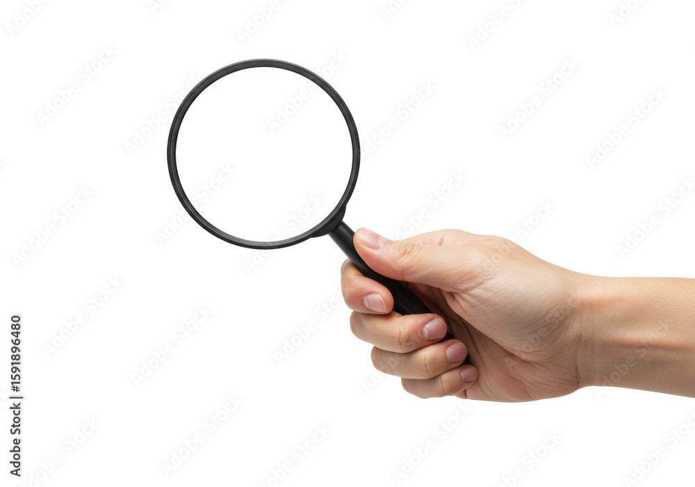 Adult human hand, light skin tone, clean fingernails, firmly grasping a modern, sleek magnifying glass with matte black handle and clear lens on a pristine transparent seamless studio background with Adult human hand, light skin tone, clean fingernails, firmly grasping a modern, sleek magnifying glass with matte black handle and clear lens on a pristine transparent seamless studio background with