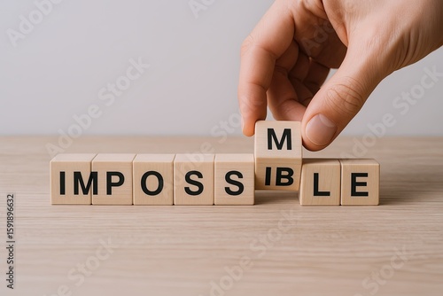 Hand placing wooden block with letter M to complete word impossible on a table.