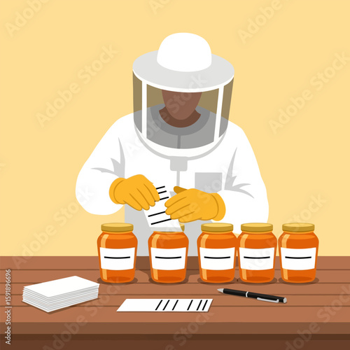 Person in Beekeeper Suit Labeling Honey Jars on Wooden Table