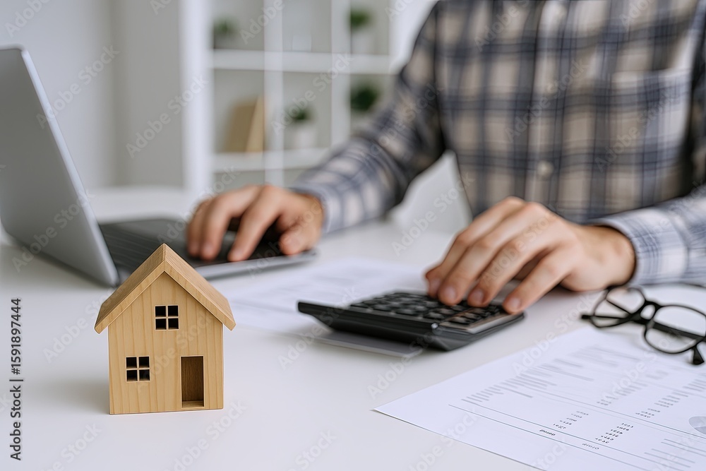 Fototapeta premium Person Calculating House Expenses Using Calculator at Desk with House Model and Documents.