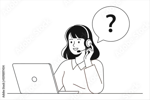 Friendly customer service representative with headset and laptop, asking a question.