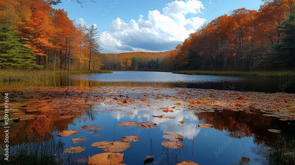 Obraz premium Autumnal lake reflecting fall foliage