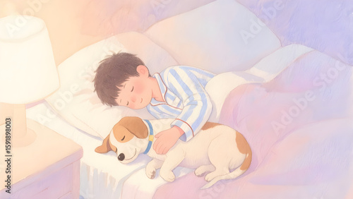 A child sleeps peacefully on a bed, cuddled up next to their dog, with a warm yellow bedside lamp casting a soft glow over the cozy room.