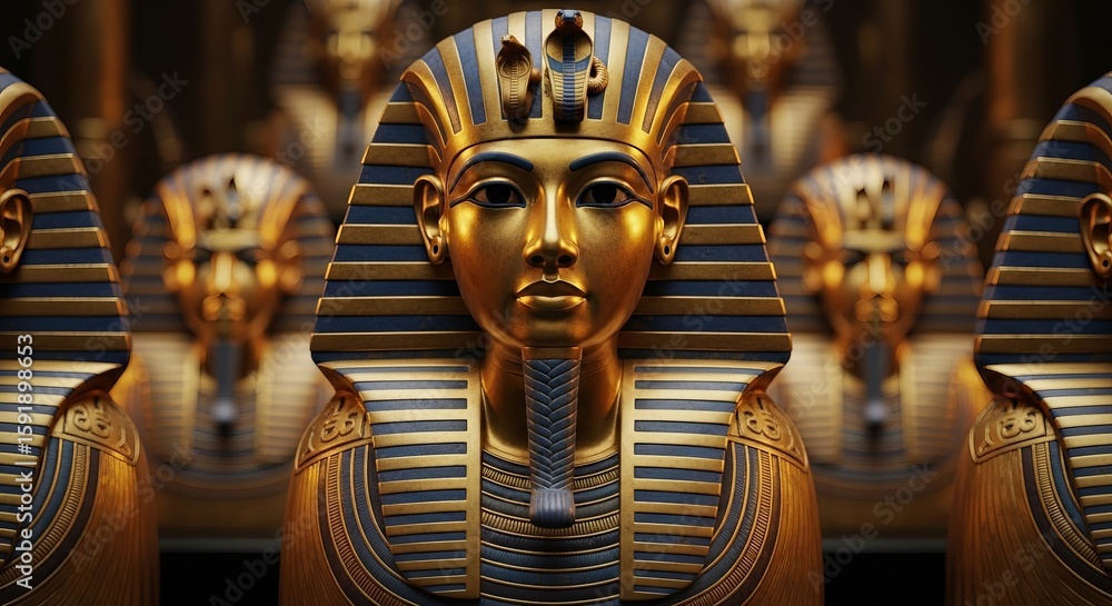 Obraz premium Golden pharaoh sarcophagi bust with blue stripes radiates wealth in artistic, detailed portrayal.