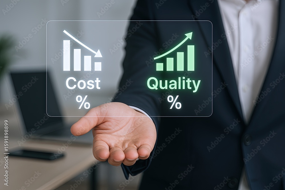 Obraz premium Businessman Holding Transparent Digital Interface Showing Cost Quality Percentages Over Desk.