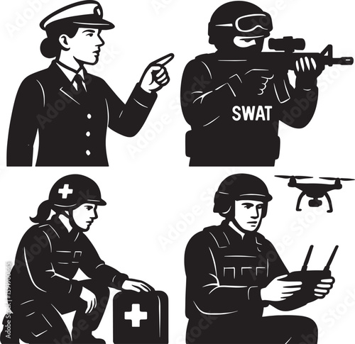 Police Officer and Swat Team Vector Illustrations