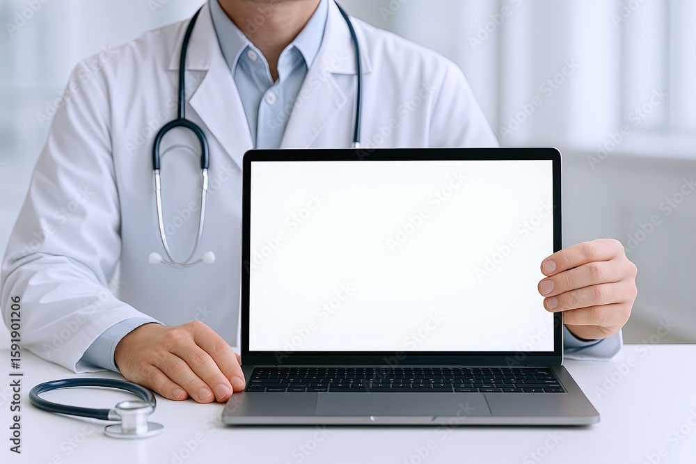 Medical professional in white coat holding laptop with blank screen in clinical setting. Medical professional in white coat holding laptop with blank screen in clinical setting.