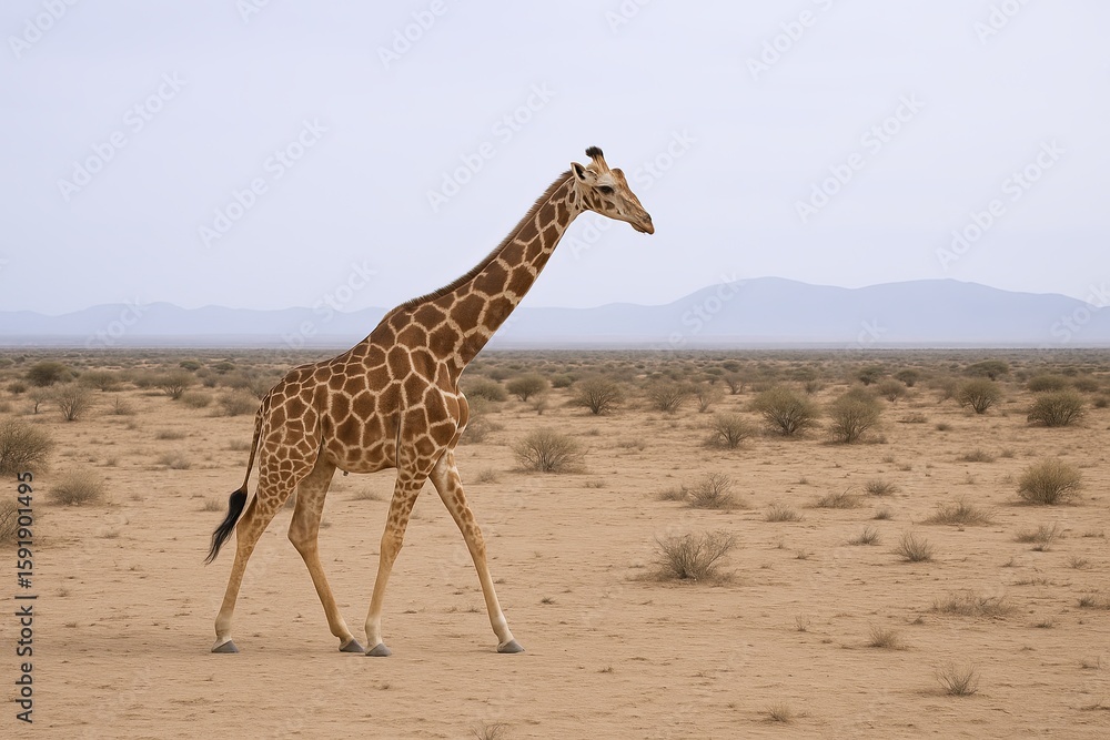 Obraz premium Giraffe walking across a vast open desert landscape with distant mountains in the background.