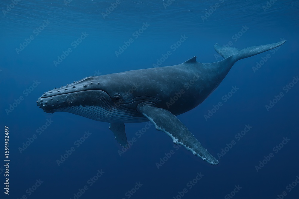 Naklejka premium Large Humpback Whale Swimming Deep Ocean Underwater Scene with Tail and Flippers.