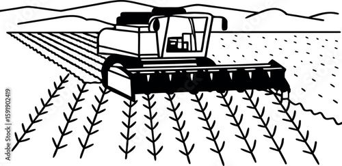 Modern Combine Harvester Working on Farmland – Black and White Agricultural Illustratio