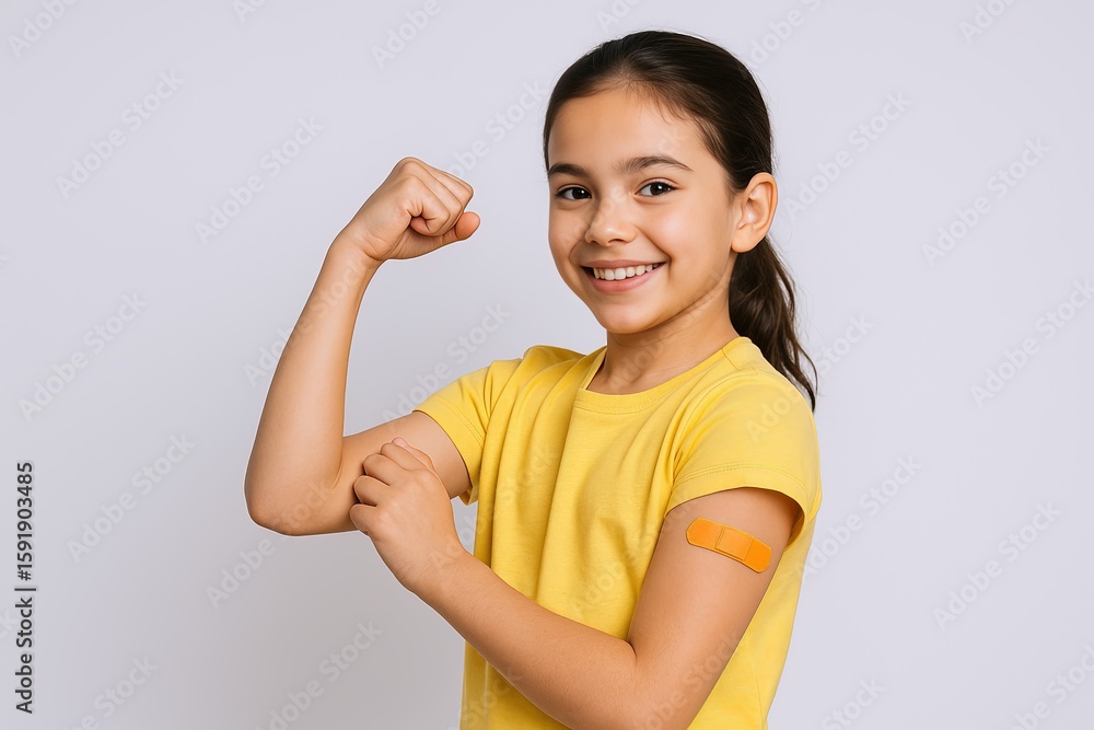 Cheerful young girl with a bandage on arm smiling and flexing her muscles proudly. Cheerful young girl with a bandage on arm smiling and flexing her muscles proudly.