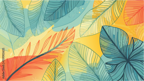 Watercolor illustration of vibrant leaves in shades of blue green orange and yellow colors art style