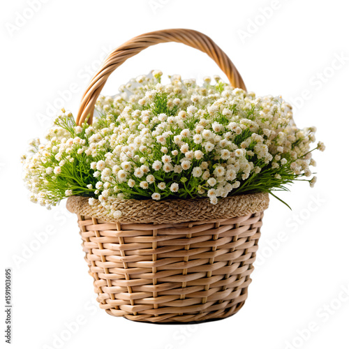 White Baby's Breath in Wicker Basket: Delicate white Baby's Breath flowers fill a charming wicker basket, creating a simple yet elegant floral arrangement.