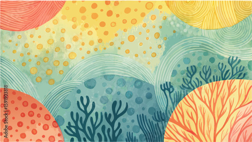 Abstract watercolor landscape with coral, waves, and dotted circles in warm and cool tones